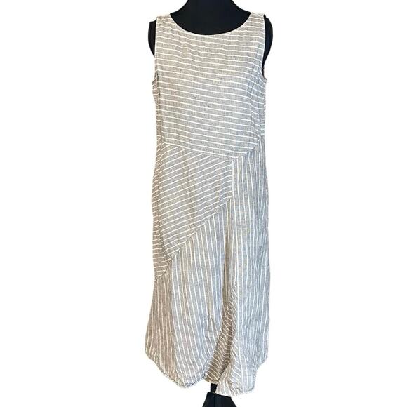 J.Jill Love Linen 100% Linen Striped Midi Dress Gray White Petite Medium - Picture 2 of 10